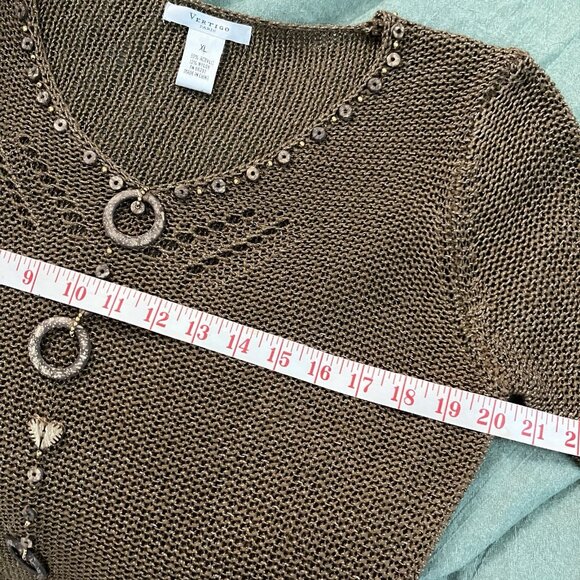 Y2K Vertigo Knit Mesh Sheer Top Womens Brown Beaded Fairy Grunge Vintage - Picture 6 of 7